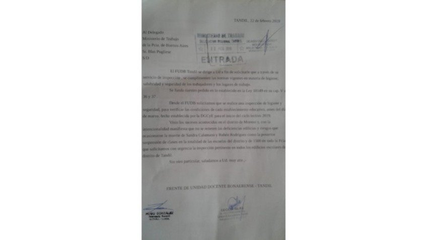 FUDB Tandil pide informes sobre seguridad e higiene en establecimientos educativos